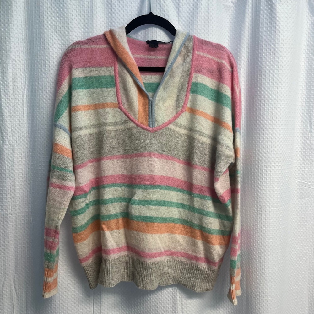 360 Cashmere Womens Pink Green Striped Hooded V-Neck Sweater Size M Baja